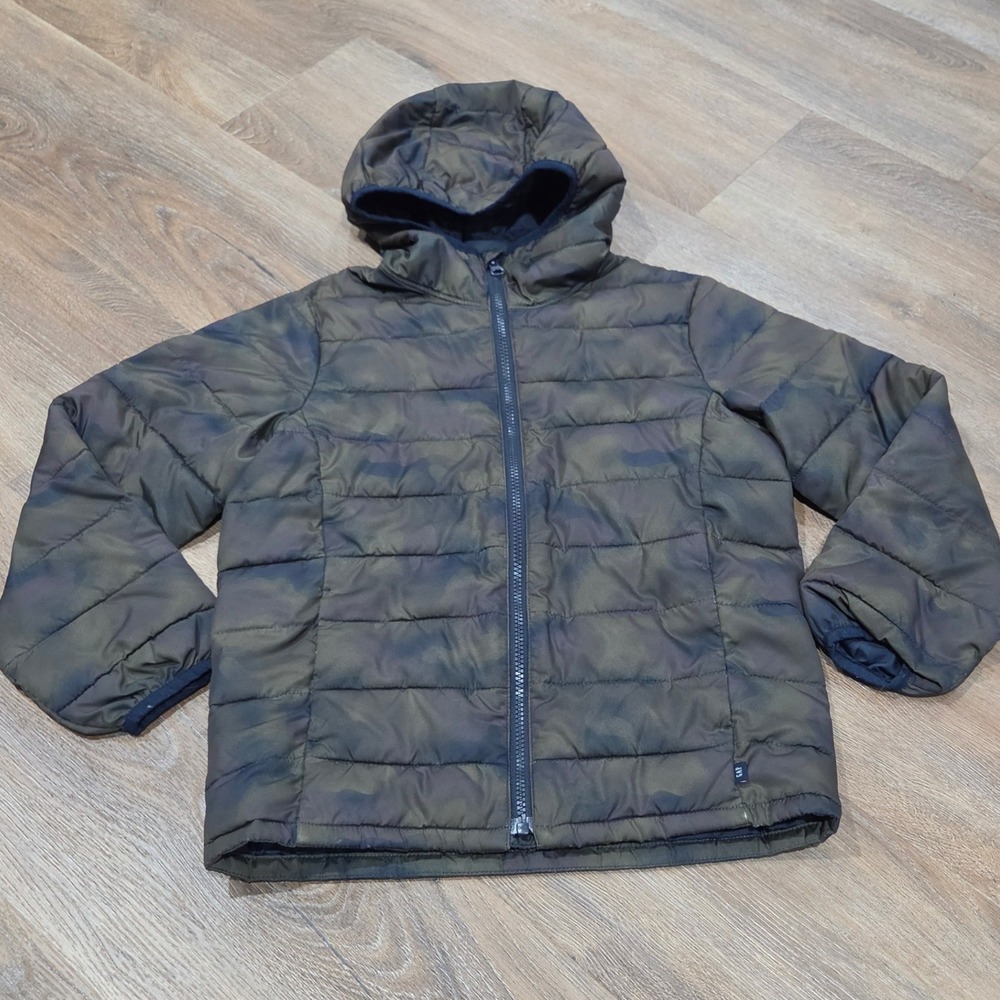 Gap Kids ColdControl Camo Puffer Jacket Green Camouflage Hooded Coat Size M 8-9